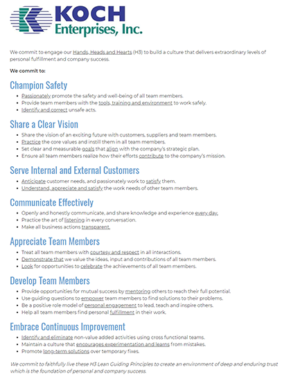 Koch Enterprises H3 Lean Guiding Principles